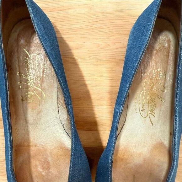 Vintage Denim Wedge Platform Heels 7.5 Retro Pointed Almond Western - Picture 4 of 7